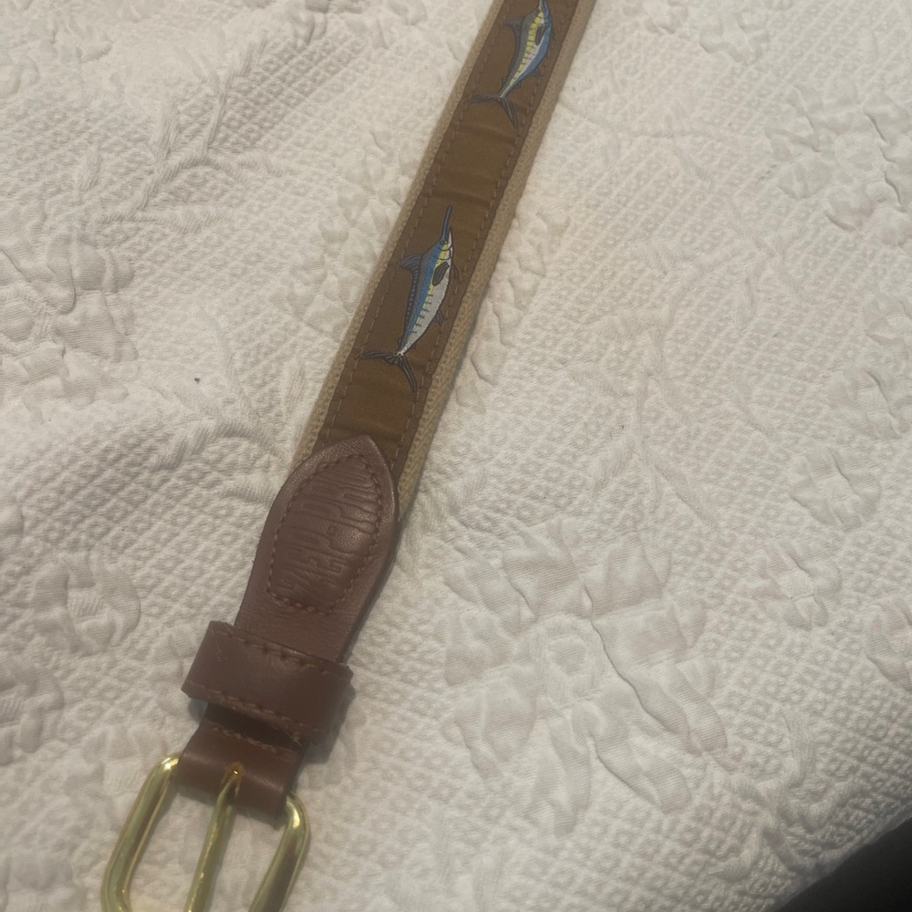 Fish Design Leather-Trim Kids Belt - Brown tan Blue Sz 26 Measure 31 W/O Buckle